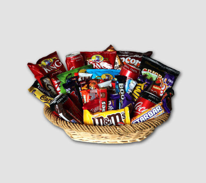 basket with sweets and chocolate bars